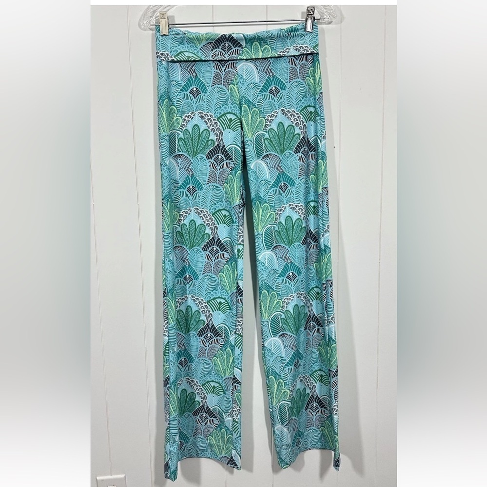 Helen Jon Pants Women's XS Green Foldover Beach Geometric Stretch Wide Leg USA